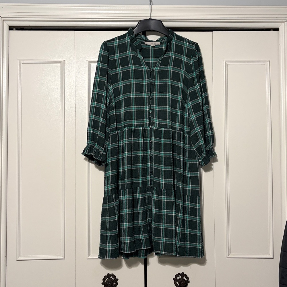 LOFT Dark Green Plaid Button Down Dress